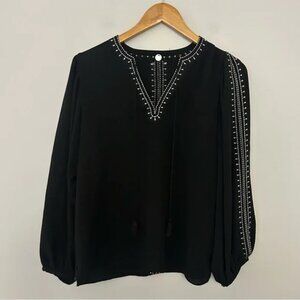 Margaret O’Leary Black V-Neck Embroidered Long Sleeve Blouse